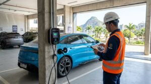 Engenheiro inspecionando estação de recarga Wallbox para carro elétrico em condomínio no Rio de Janeiro