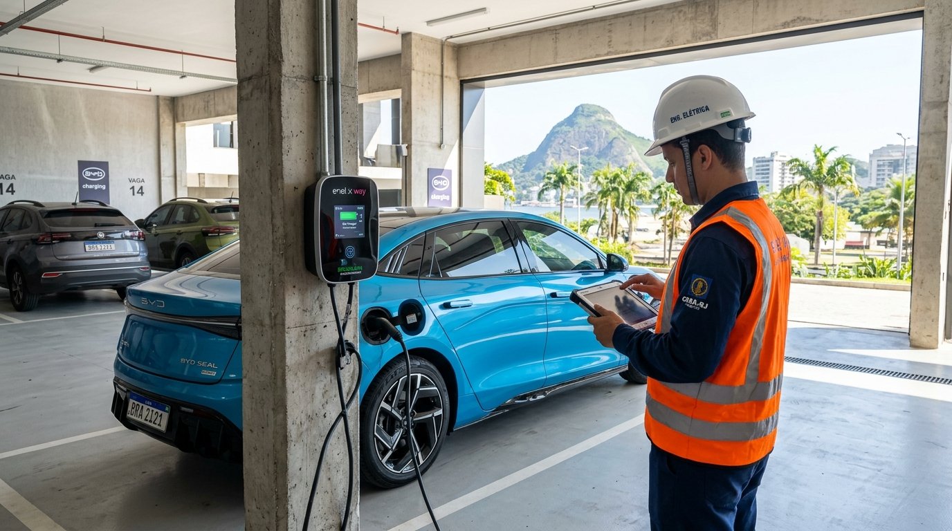 Engenheiro inspecionando estação de recarga Wallbox para carro elétrico em condomínio no Rio de Janeiro