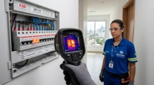 Inspeção termográfica de sobrecarga térmica em disjuntor geral de apartamento no Rio de Janeiro