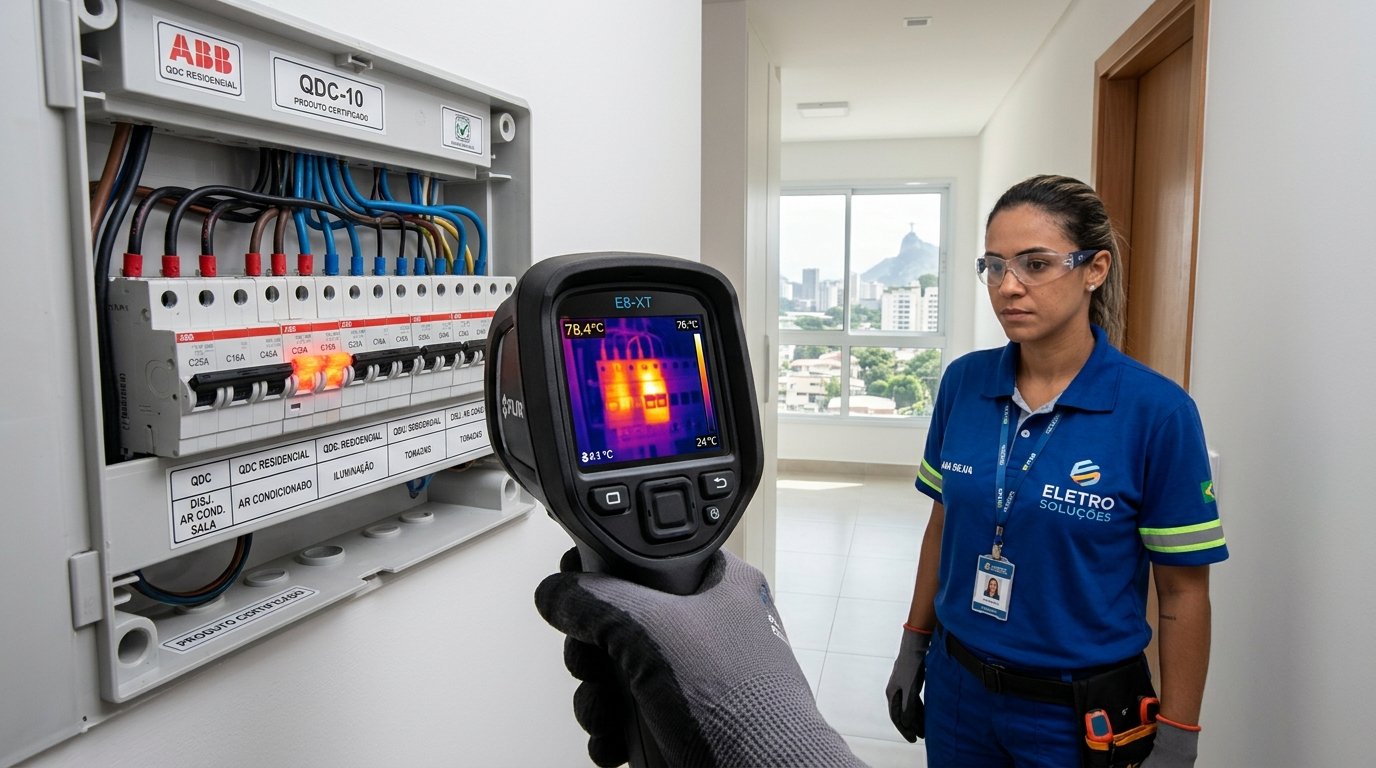 Inspeção termográfica de sobrecarga térmica em disjuntor geral de apartamento no Rio de Janeiro