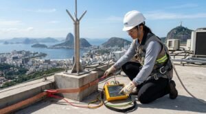 Engenheira realizando medição ôhmica de aterramento e pára-raios SPDA em cobertura predial no Rio de Janeiro