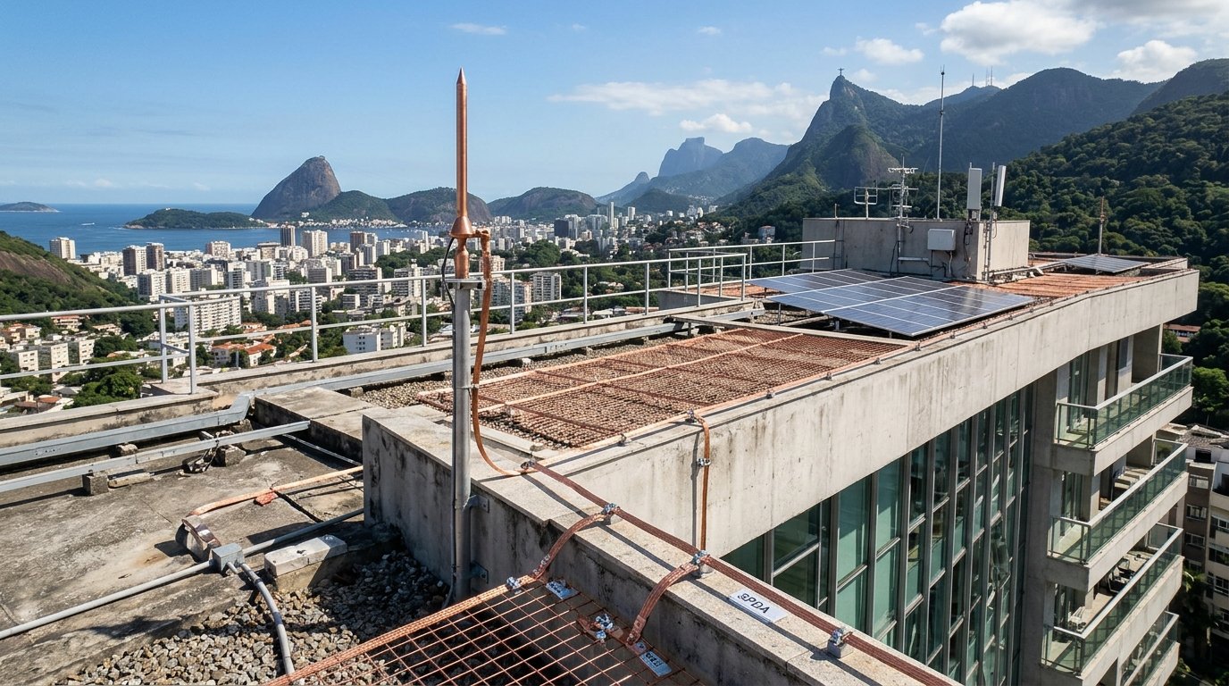 Inspeção técnica de pára-raios SPDA em cobertura predial no Rio de Janeiro