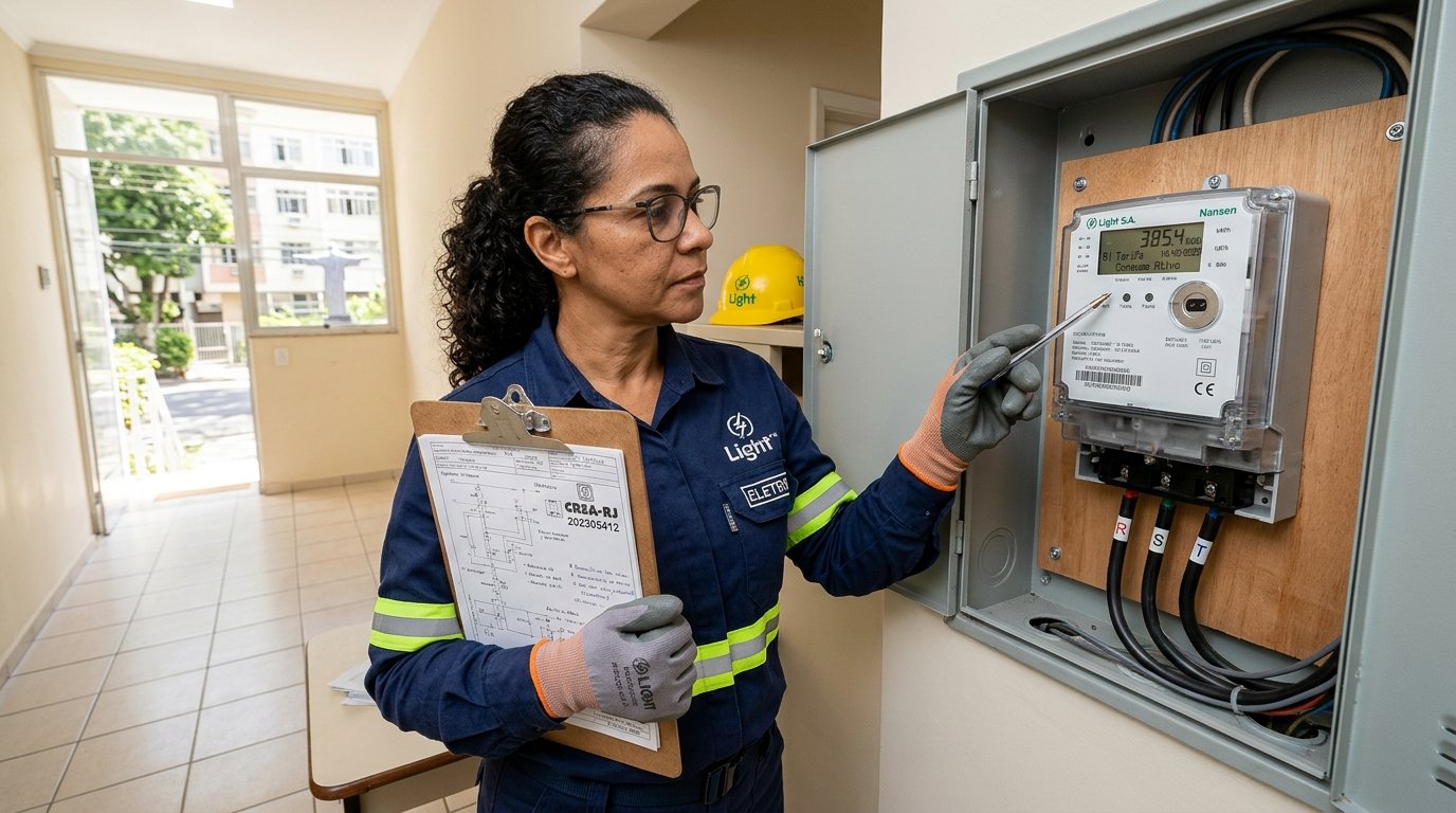 Engenheira inspecionando medição trifásica padrão Light RJ com projeto elétrico e ART